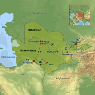 tourhub | Indus Travels | Uzbekistan and Turkmenistan Explorer | Tour Map