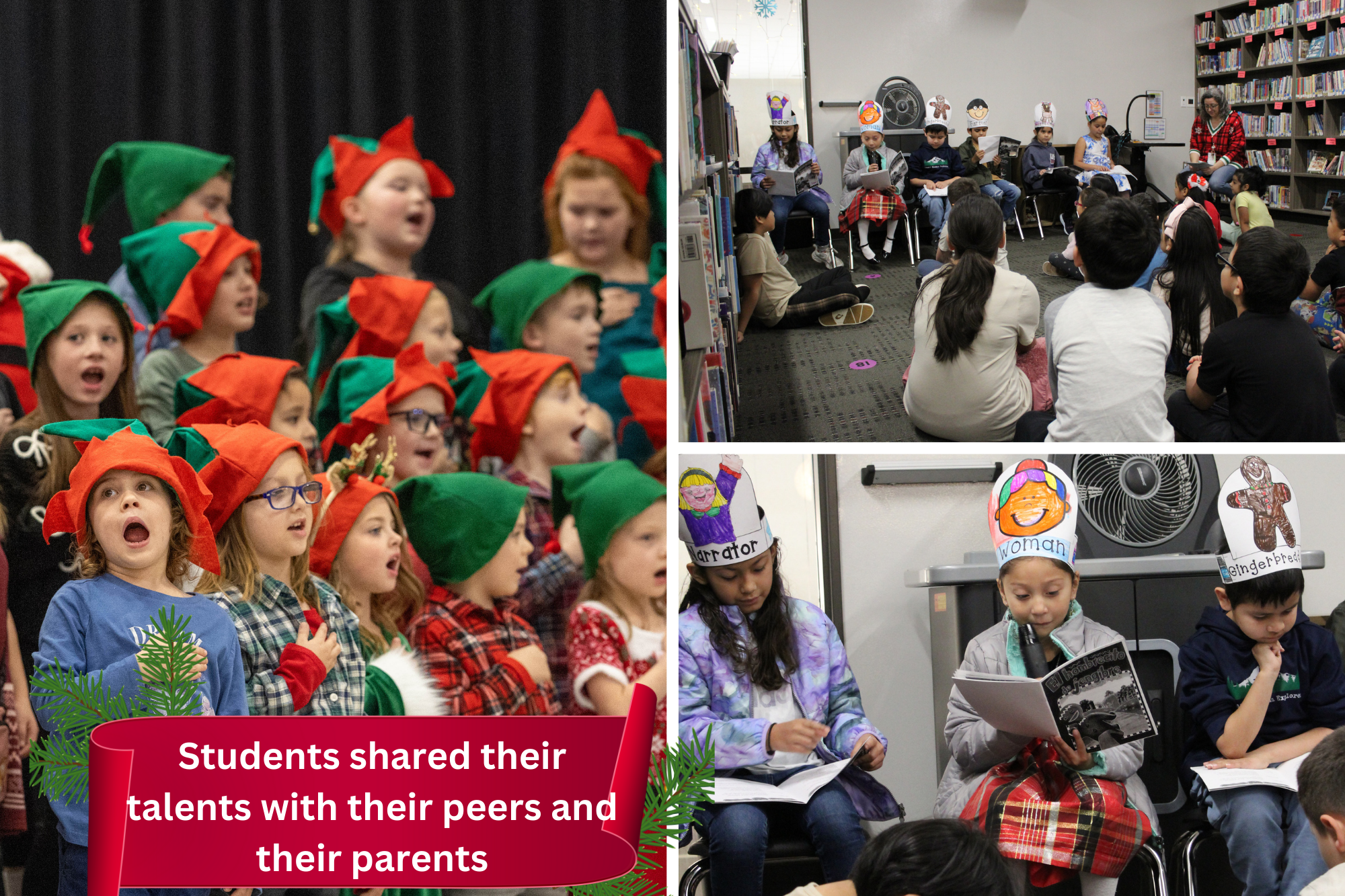 Students sing at a Christman musical and other students perform a Spanish language readers theater of the Gingerbread man.