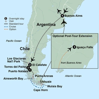 tourhub | Collette | Patagonia: Edge of the World featuring Argentina, Chile, and a 4-Night Patagonia Cruise | Tour Map