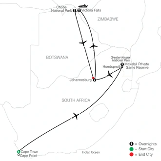 tourhub | Globus | Splendors of South Africa & Victoria Falls with Chobe National Park | Tour Map