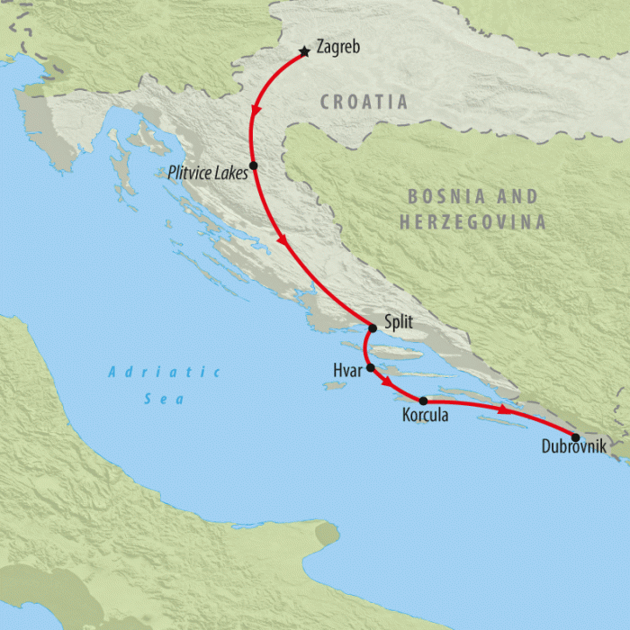 tourhub | On The Go Tours | Zagreb to Dubrovnik - 8 days | Tour Map