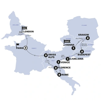 tourhub | Contiki | Vienna to London Trail | Summer | 2024 | Tour Map