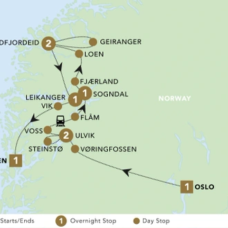 tourhub | Blue-Roads Touring | Norway: Fjords and Glaciers 2024 | Tour Map