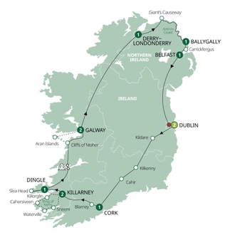 tourhub | Brendan Vacations | Country Roads of Ireland - End Dublin, Classic Group, Summer | Tour Map