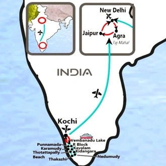 tourhub | TTI Tours | Deep Kerala Backwaters Cruise with Taj Mahal Trip 13 Days | Tour Map