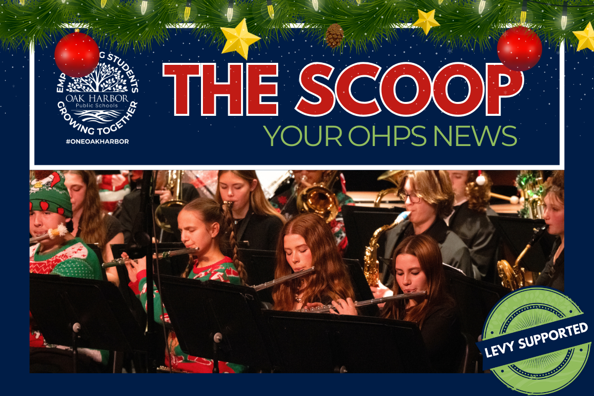 A festive banner with the words 'The Scoop, Your OHPS News' and a photo of a band playing instruments.