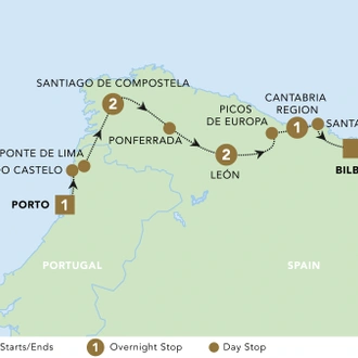 tourhub | Back-Roads Touring | A Taste of the Camino: Porto to Bilbao 2024 | Tour Map