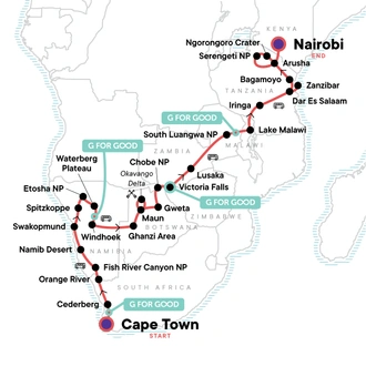 tourhub | G Adventures | Cape Town to the Serengeti: Deserts & Wilderness | Tour Map